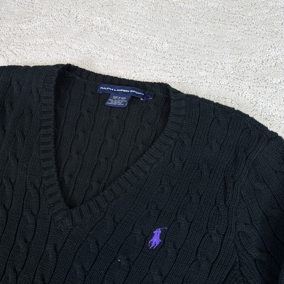 Women's Ralph Lauren Sport Large Black Cotton Cable Knute V Neck Sweater Preppy - Picture 2 of 6
